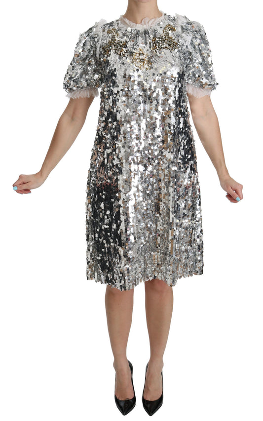 Dolce &amp; Gabbana Elegant Silver A-Line Dress with Crystal Accents