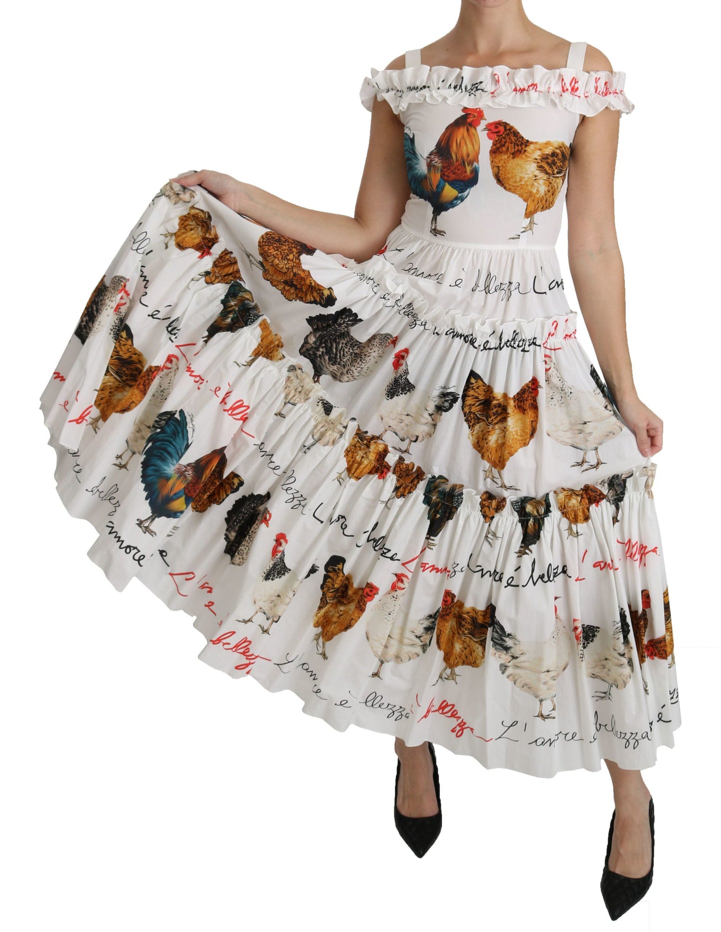 Dolce & Gabbana Elegant White Rooster Print Sheath Midi Dress