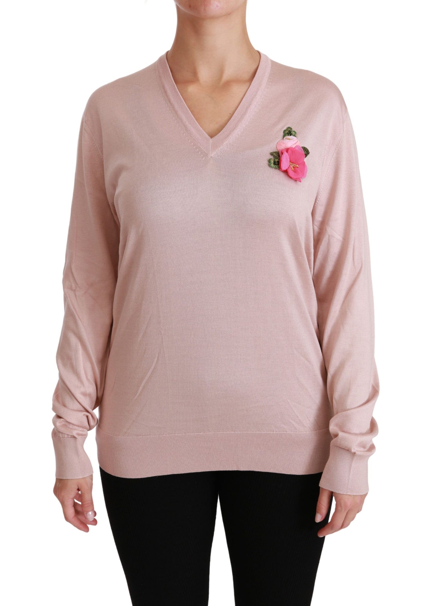 Dolce &amp; Gabbana Pink Floral Silk V-Neck Sweater