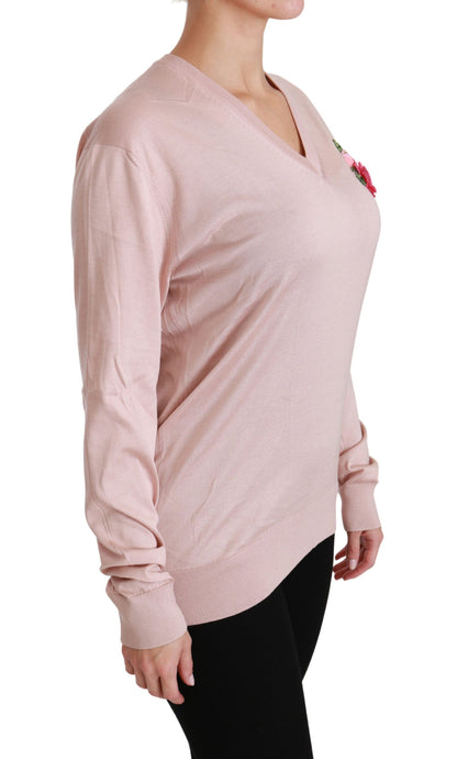 Dolce &amp; Gabbana Pink Floral Silk V-Neck Sweater