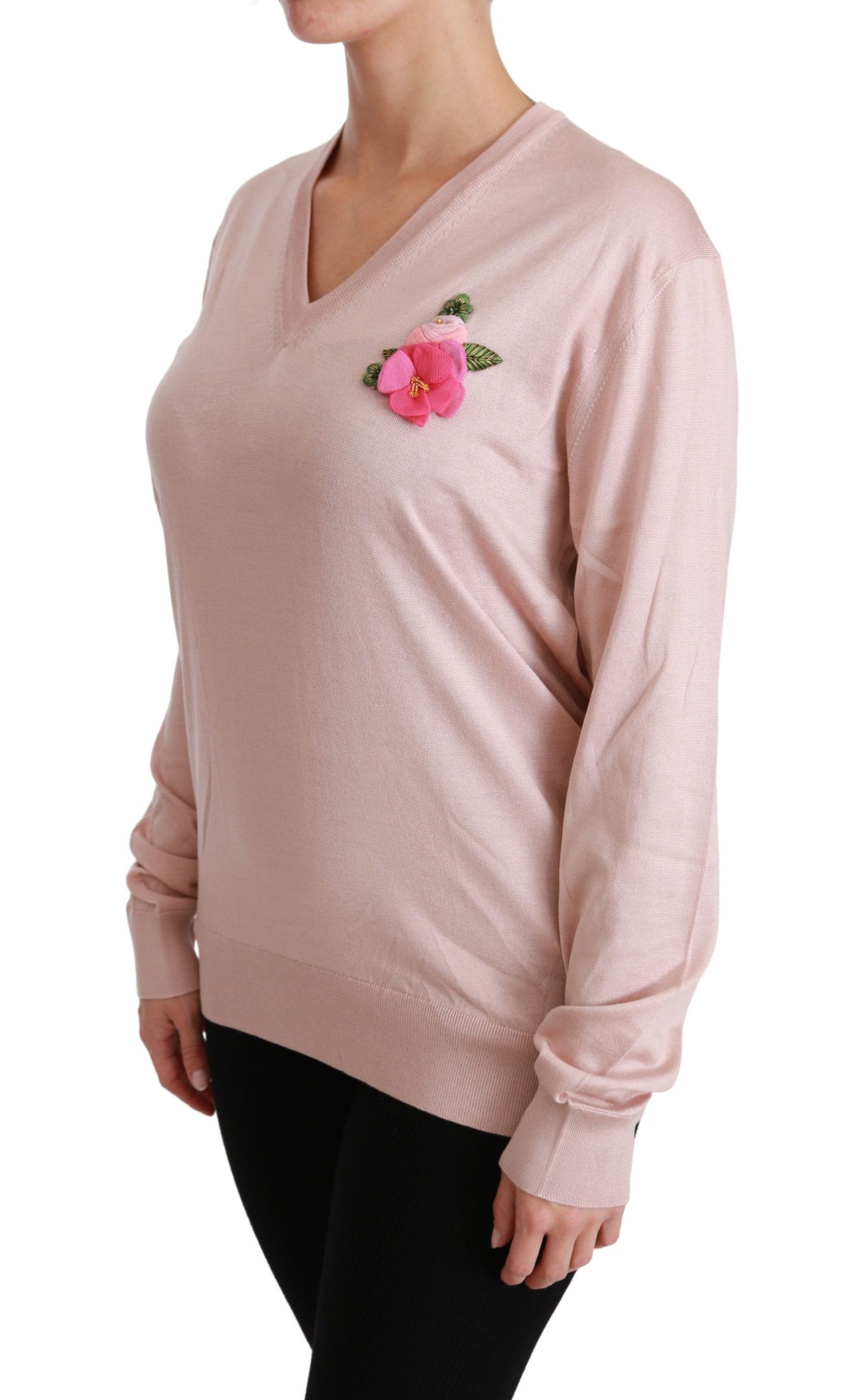 Dolce &amp; Gabbana Pink Floral Silk V-Neck Sweater