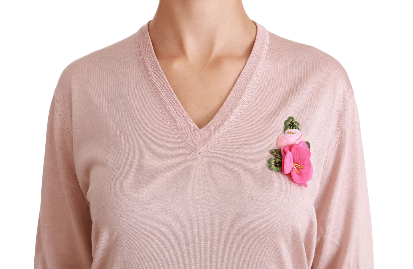 Dolce &amp; Gabbana Pink Floral Silk V-Neck Sweater