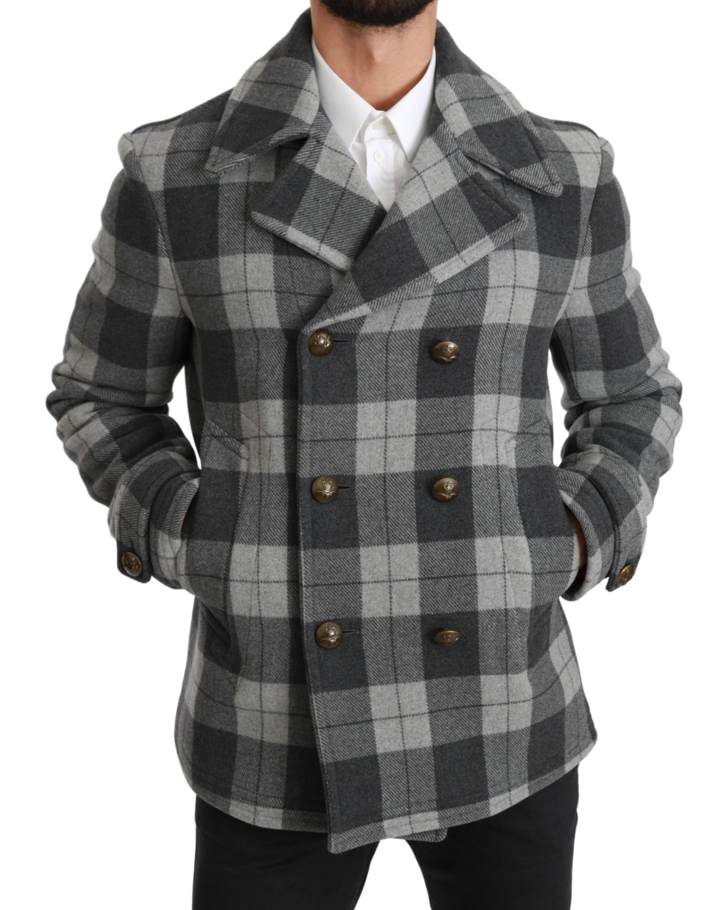 Dolce & Gabbana Elegant Gray Check Double Breasted Coat