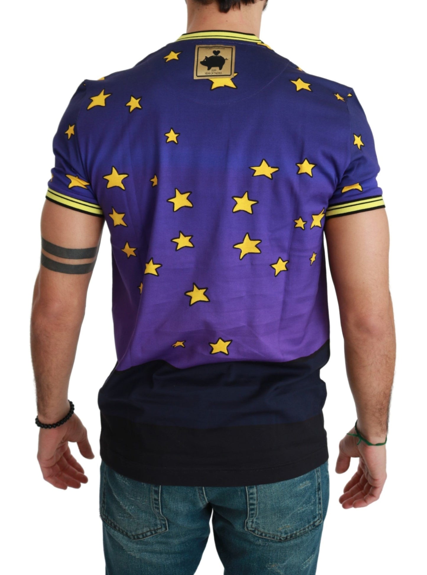 Dolce &amp; Gabbana Purple Cotton Round Neck T-Shirt with Pig Motif