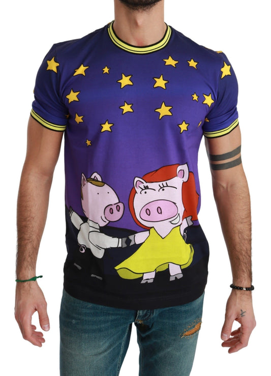 Dolce &amp; Gabbana Purple Cotton Round Neck T-Shirt with Pig Motif