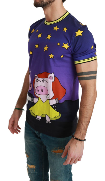 Dolce &amp; Gabbana Purple Cotton Round Neck T-Shirt with Pig Motif