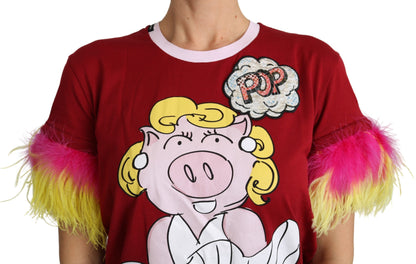 Dolce &amp; Gabbana Chic Red Pig Print Crew Neck T-Shirt