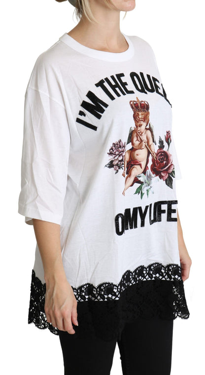 Dolce &amp; Gabbana White Angel Print Cotton Round Neck Shirt Tops