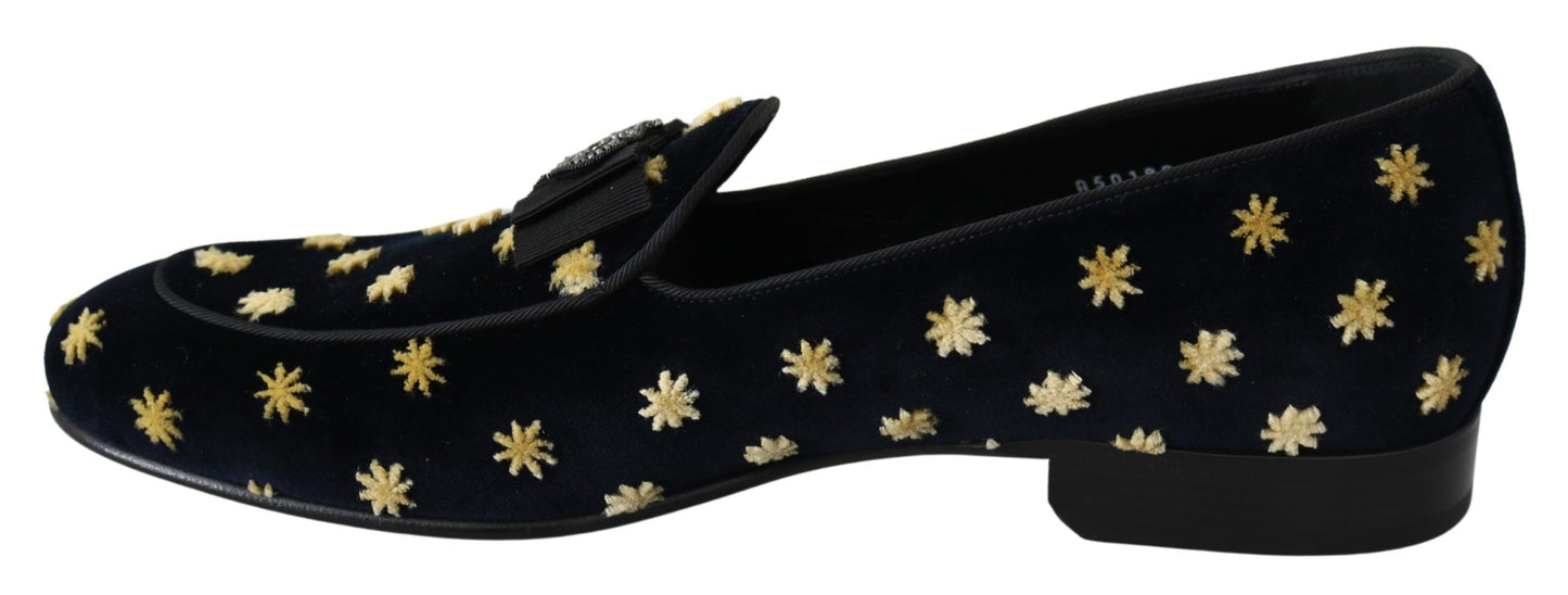 Dolce &amp; Gabbana Blue Velvet Crown Slippers Loafers Shoes