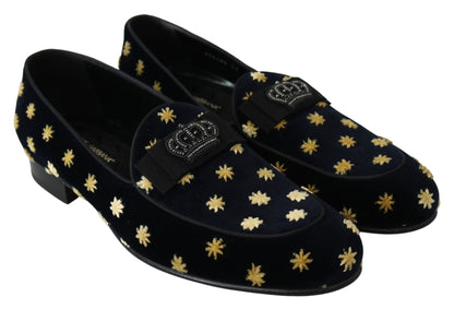 Dolce &amp; Gabbana Blue Velvet Crown Slippers Loafers Shoes