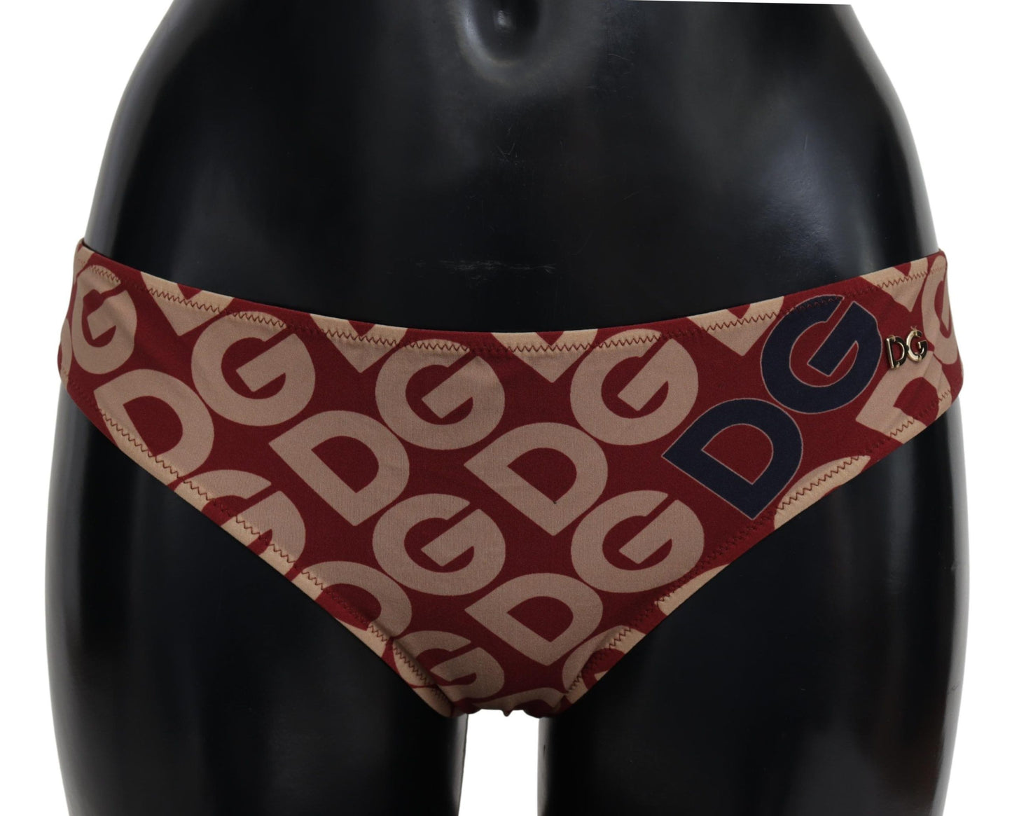 Dolce &amp; Gabbana Chic Maroon Beige Logo Print Bikini Bottom