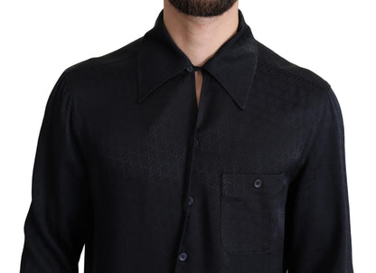 Dolce &amp; Gabbana Black Jacquard Silk Casual Button Down Shirt