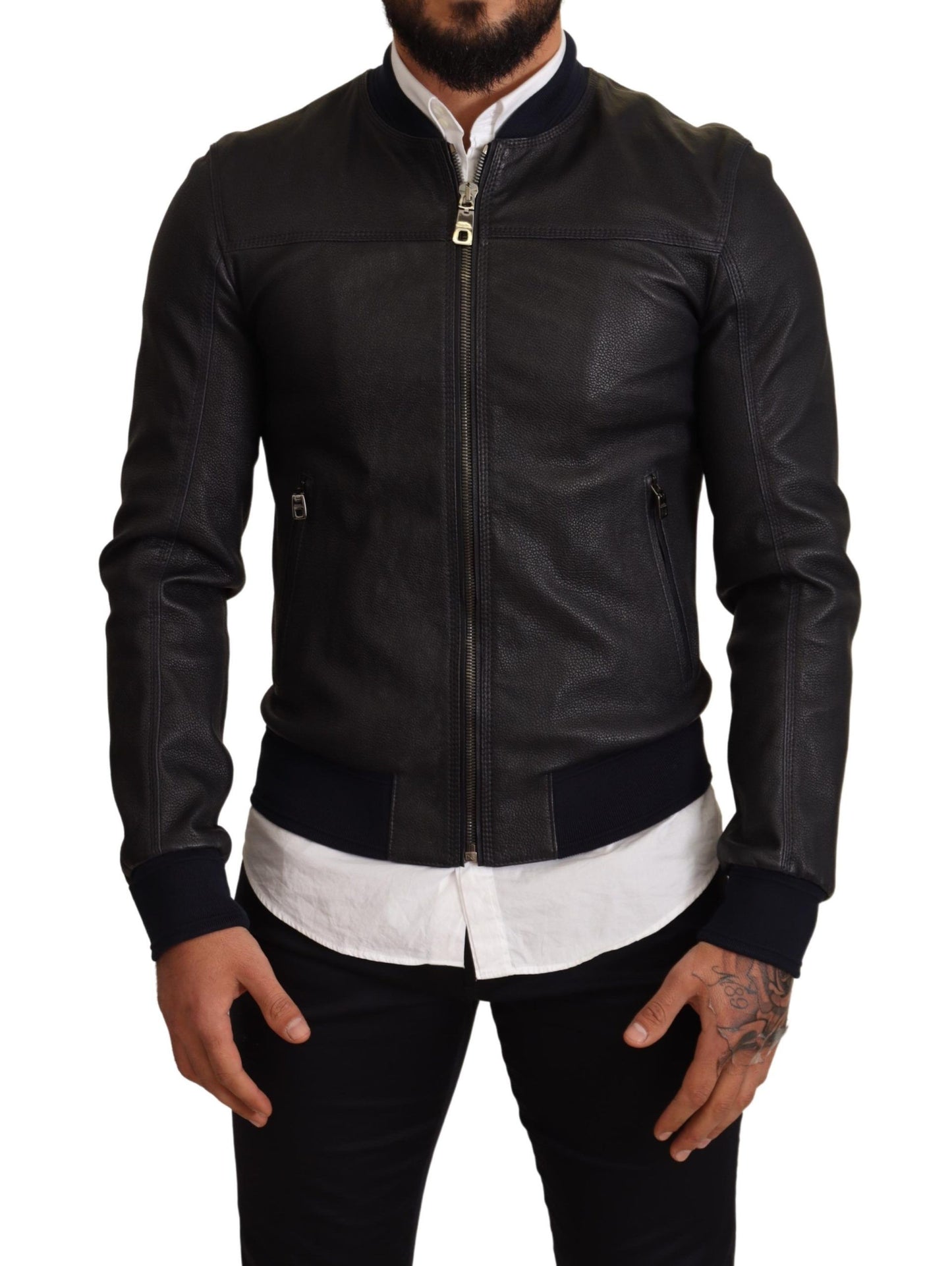 Dolce &amp; Gabbana Blue Leather Full Zip Bomber Men Jacket