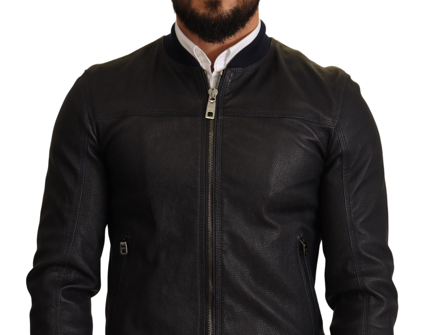 Dolce &amp; Gabbana Blue Leather Full Zip Bomber Men Jacket