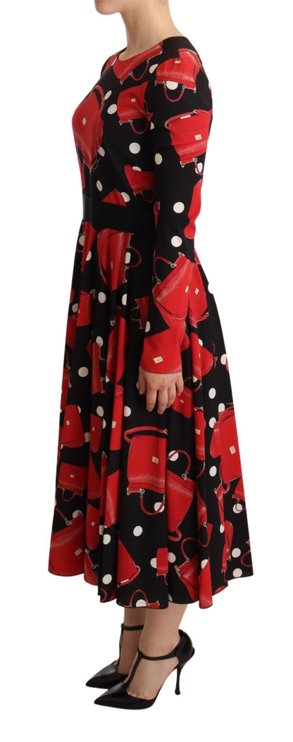 Dolce &amp; Gabbana Black Sicily Bag Print Flared Midi Dress