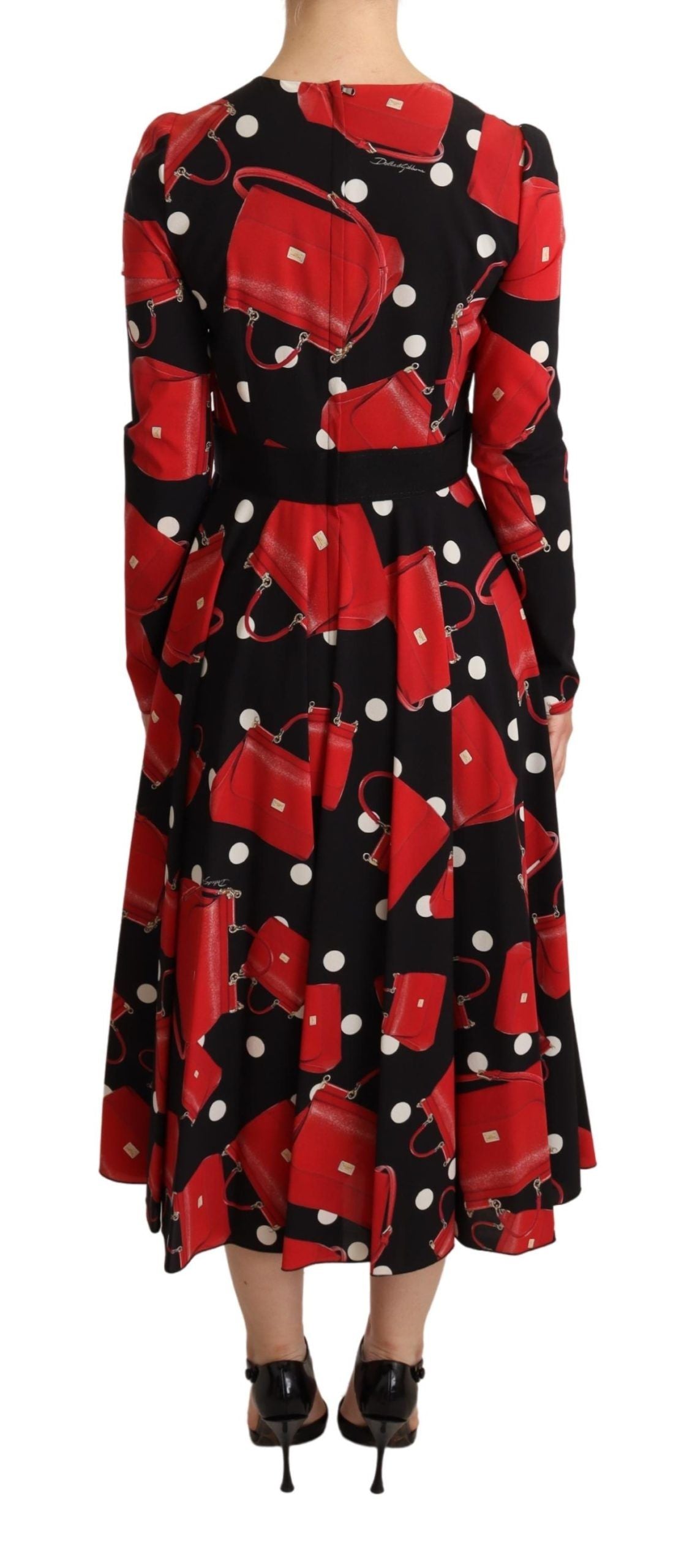 Dolce &amp; Gabbana Black Sicily Bag Print Flared Midi Dress