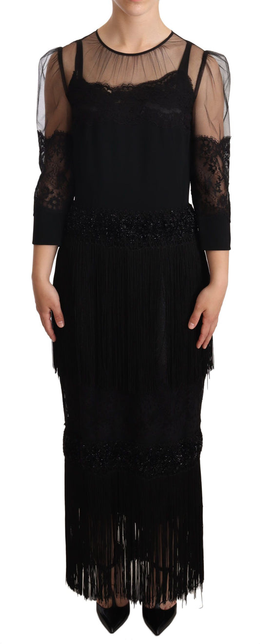 Dolce &amp; Gabbana Black Sheer Floral Lace Crystal Maxi Dress