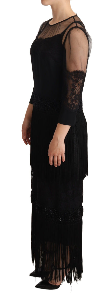 Dolce &amp; Gabbana Black Sheer Floral Lace Crystal Maxi Dress