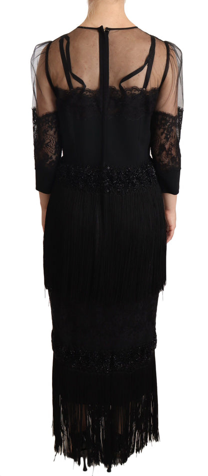 Dolce &amp; Gabbana Black Sheer Floral Lace Crystal Maxi Dress