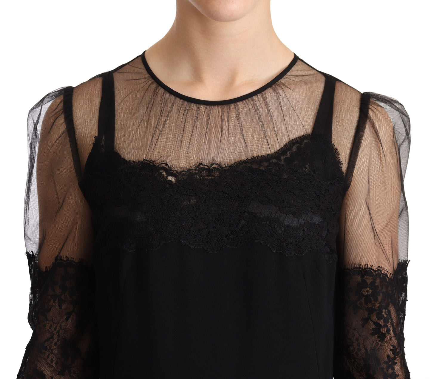 Dolce &amp; Gabbana Black Sheer Floral Lace Crystal Maxi Dress