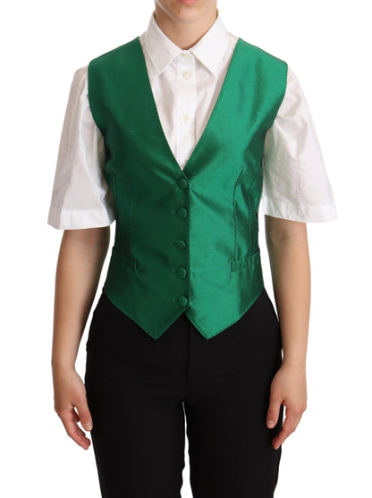 Dolce &amp; Gabbana Green Silk Satin Sleeveless Waistcoat Vest