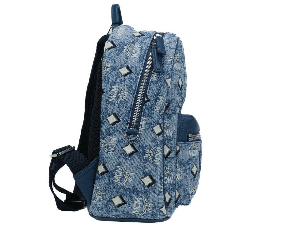 MCM Stark Small Blue Vintage Jacquard Monogram Logo Fabric Backpack Bookbag