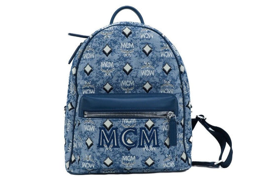 MCM Stark Small Blue Vintage Jacquard Monogram Logo Fabric Backpack Bookbag