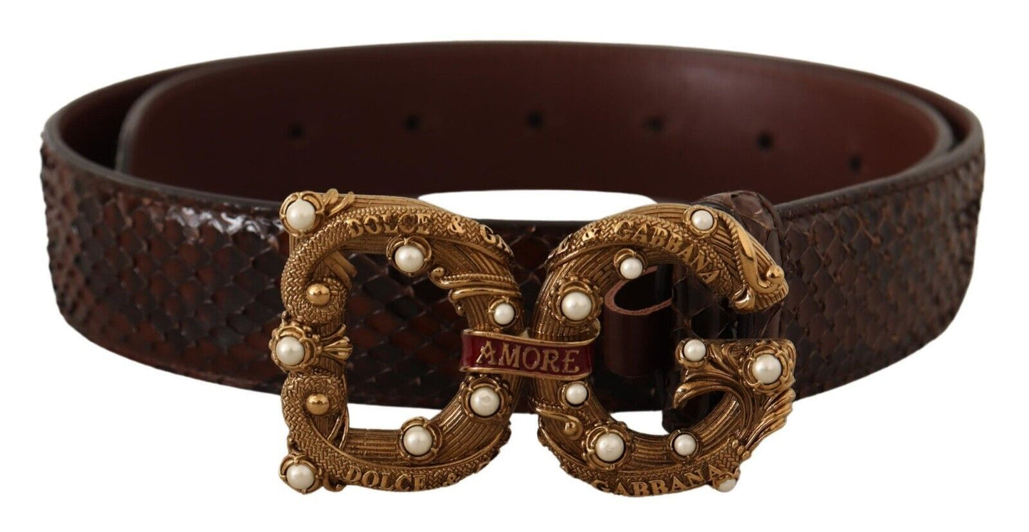 Dolce &amp; Gabbana Elegant Phyton Leather Pearl Buckle Belt