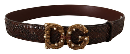 Dolce &amp; Gabbana Elegant Phyton Leather Pearl Buckle Belt