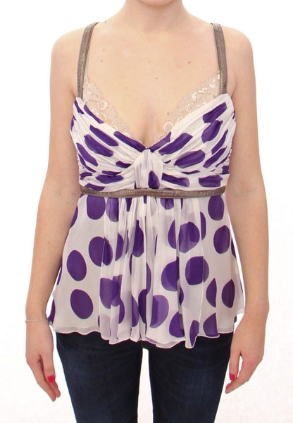 Dolce &amp; Gabbana Elegant Polka Dotted Silk Blouse with Leather Detailing