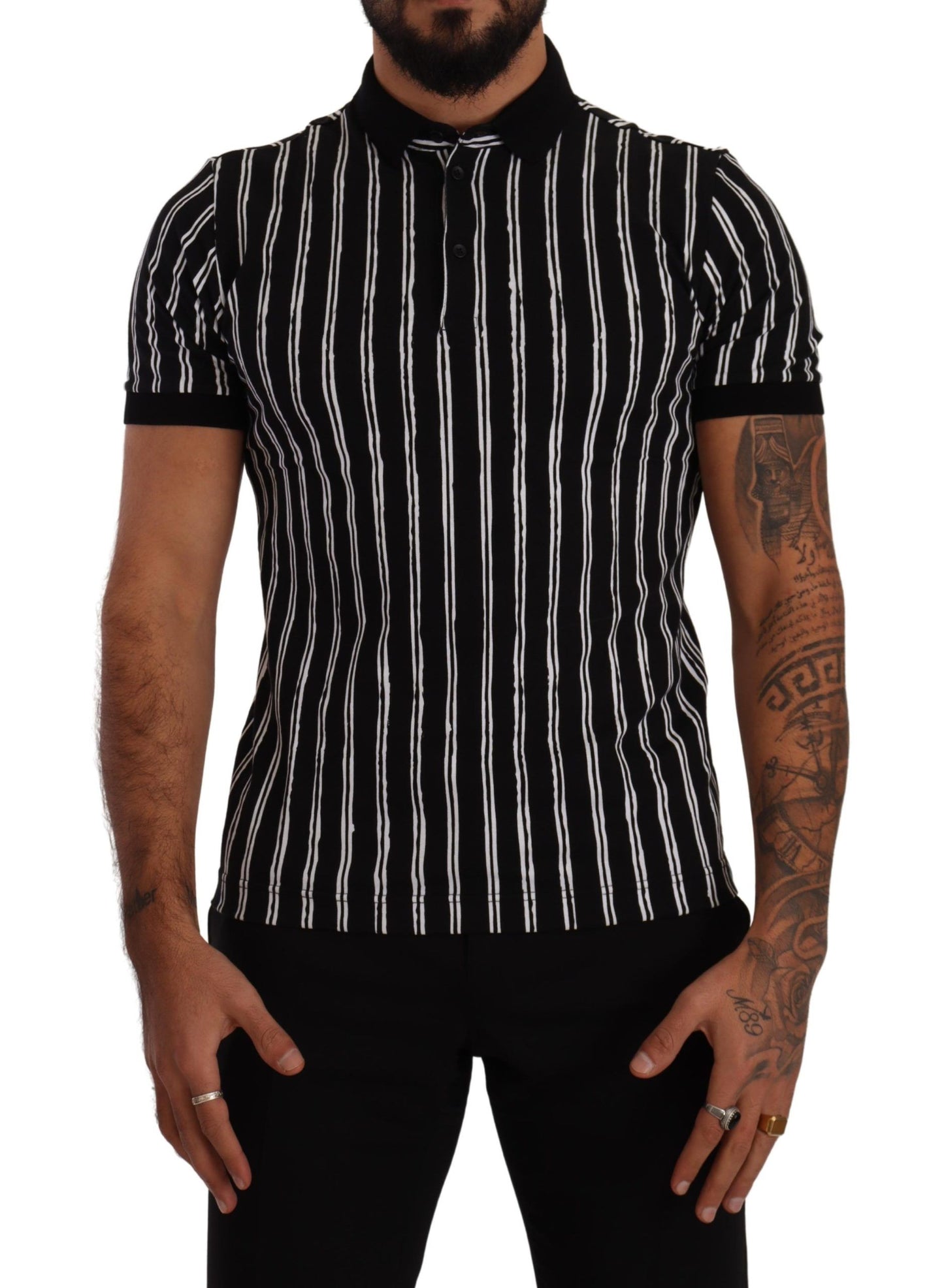 Dolce &amp; Gabbana Black White Striped Polo Short Sleeve T-shirt