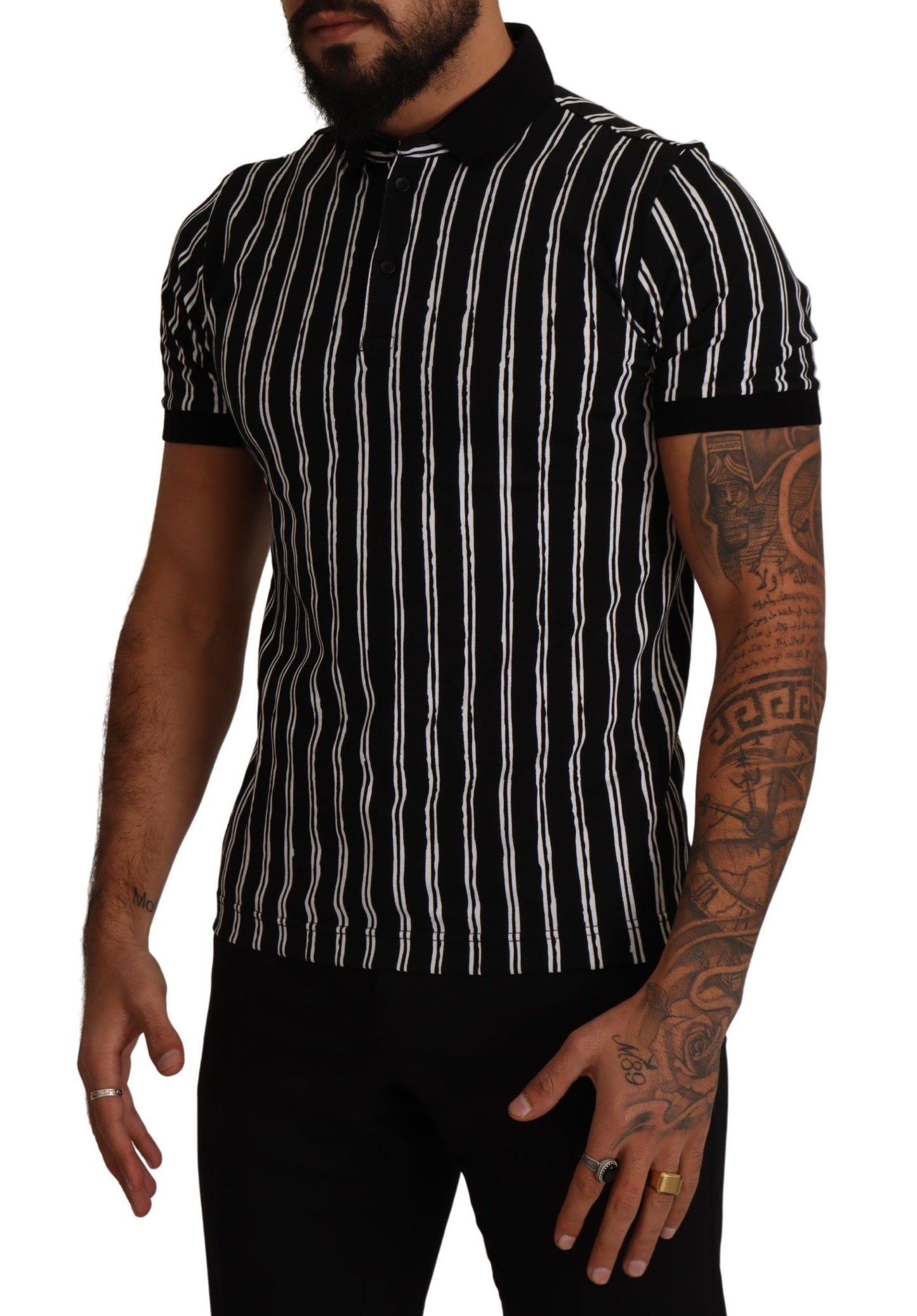 Dolce &amp; Gabbana Black White Striped Polo Short Sleeve T-shirt