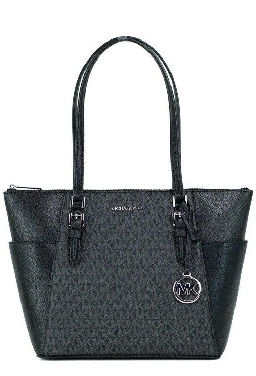 Michael Kors Charlotte Black PVC Leather Large Top Zip Tote Handbag Bag Purse