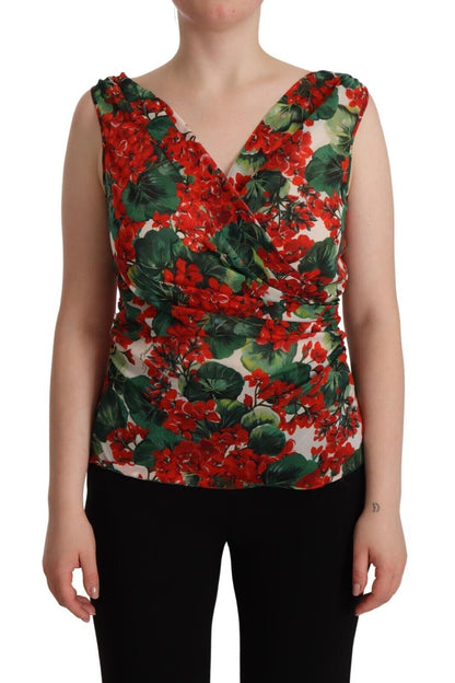 Dolce &amp; Gabbana Elegant V-Neck Geranium Print Silk Tank Top