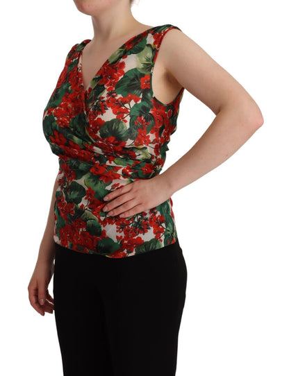 Dolce &amp; Gabbana Elegant V-Neck Geranium Print Silk Tank Top