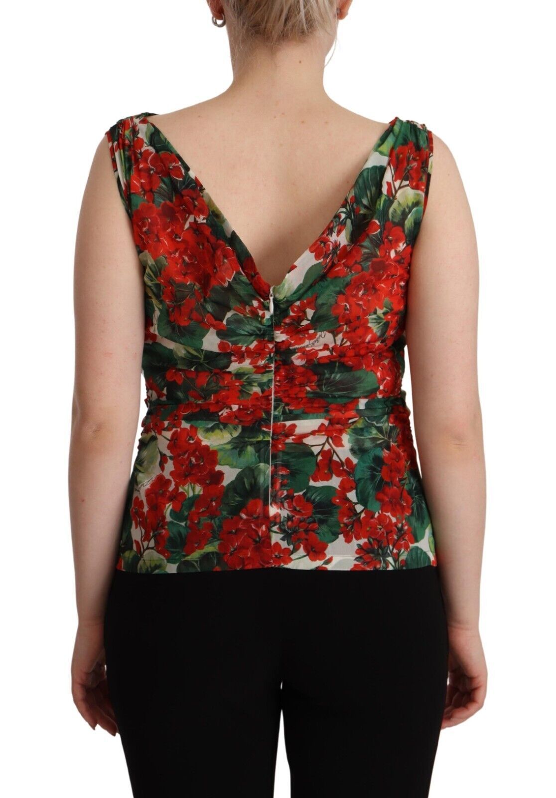 Dolce &amp; Gabbana Elegant V-Neck Geranium Print Silk Tank Top