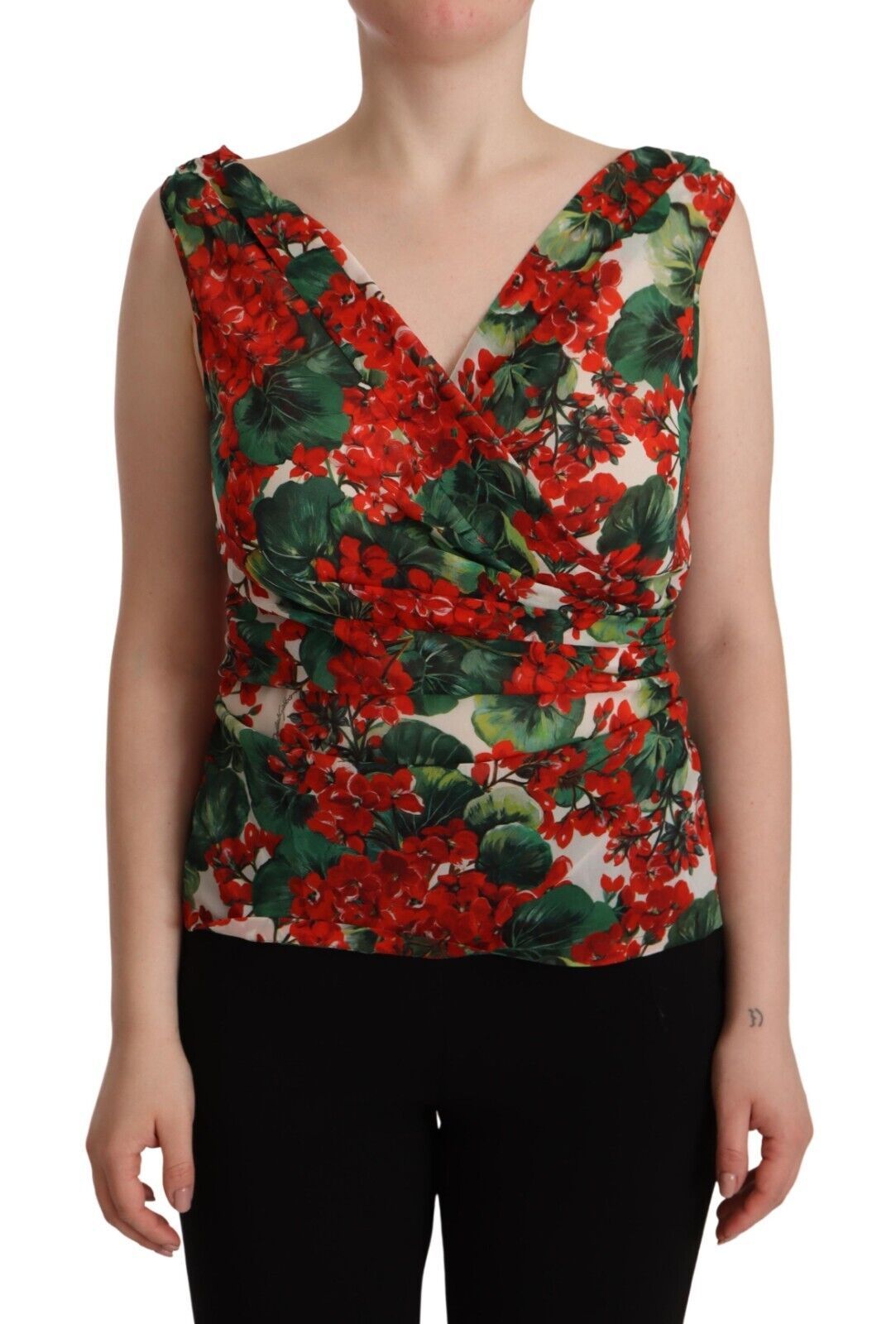 Dolce &amp; Gabbana Elegant V-Neck Geranium Print Silk Tank Top