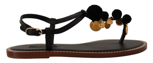 Dolce &amp; Gabbana Chic Leather Ankle Strap Flats with Gold Detailing