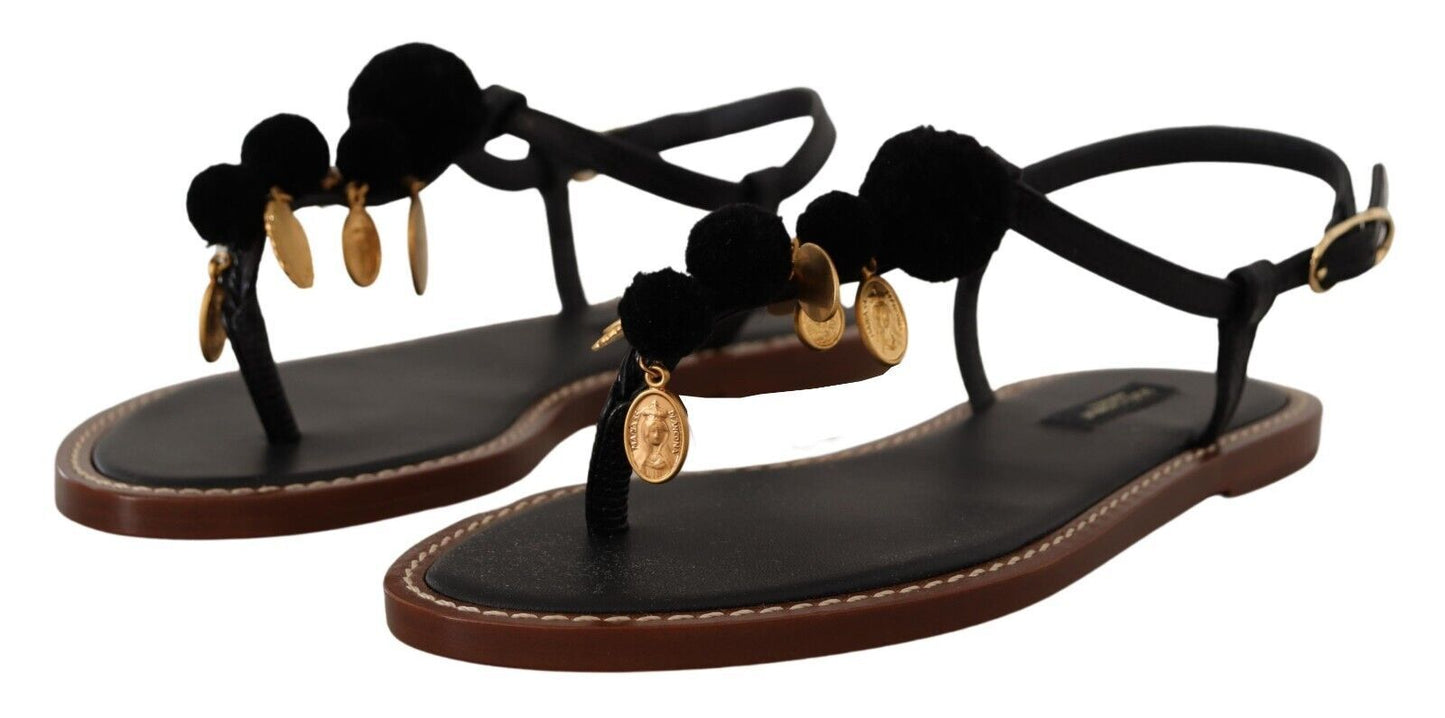 Dolce &amp; Gabbana Chic Leather Ankle Strap Flats with Gold Detailing