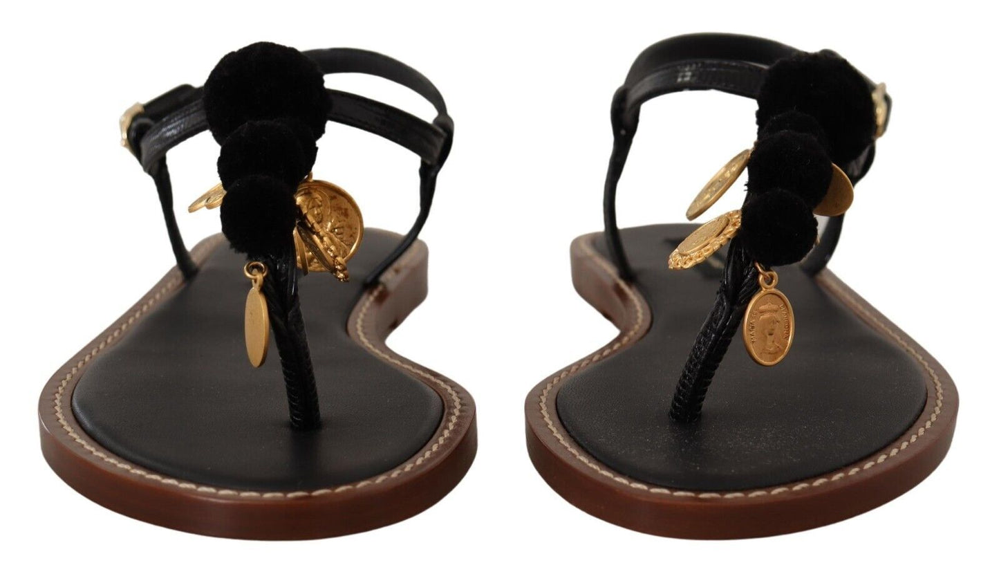 Dolce &amp; Gabbana Chic Leather Ankle Strap Flats with Gold Detailing