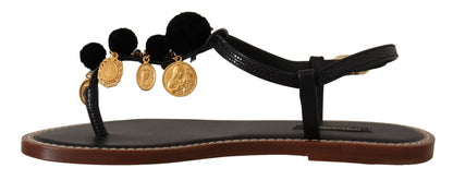 Dolce &amp; Gabbana Chic Leather Ankle Strap Flats with Gold Detailing