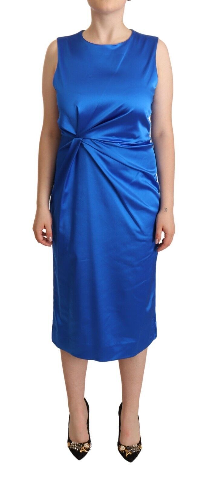 PAROSH Blue Acetate Sleeveless Pleated Midi Sheath Dress