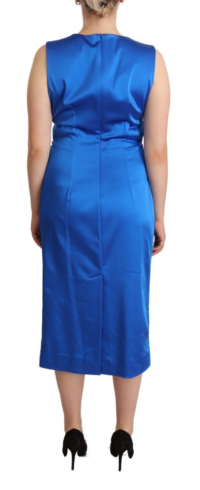 PAROSH Blue Acetate Sleeveless Pleated Midi Sheath Dress