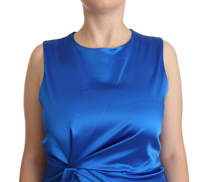 PAROSH Blue Acetate Sleeveless Pleated Midi Sheath Dress