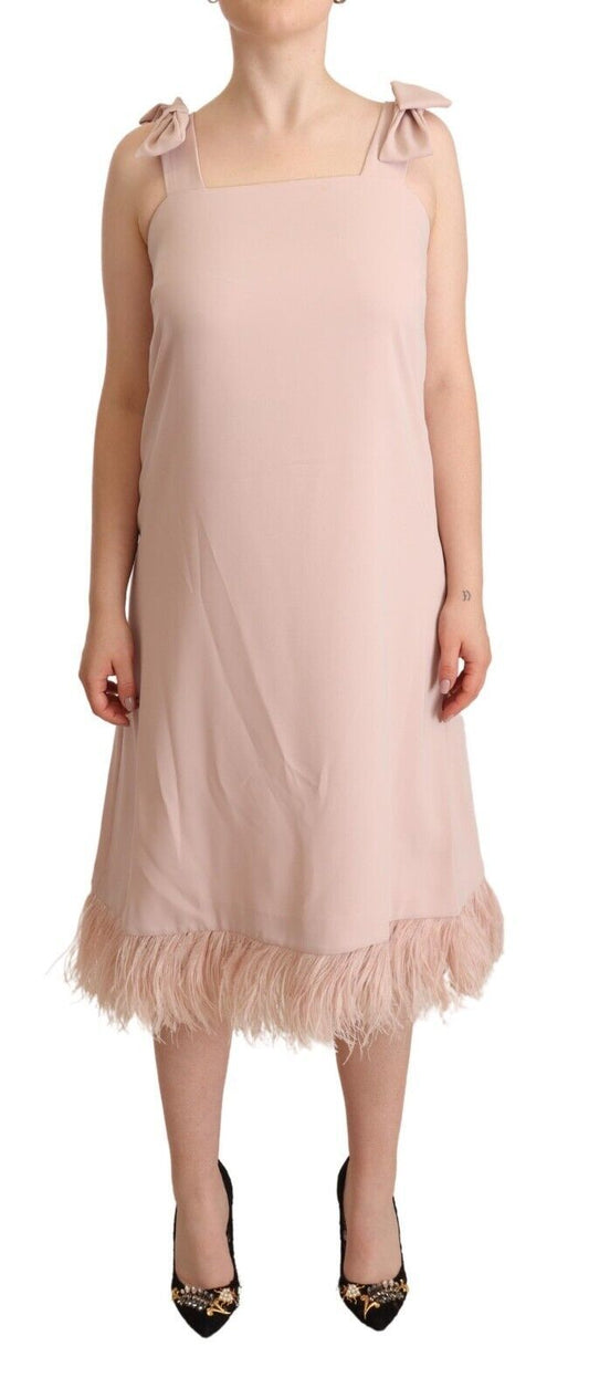 PAROSH Pink Polyester Sleeveless Midi Feather Shift Dress