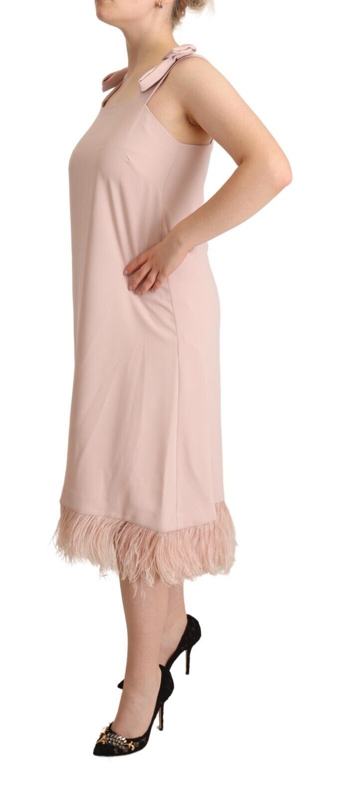 PAROSH Pink Polyester Sleeveless Midi Feather Shift Dress