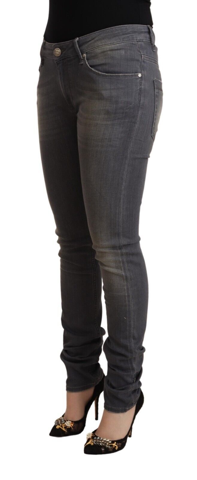 Acht Elegant Dark Gray Skinny Jeans - Low Waist Zip Closure