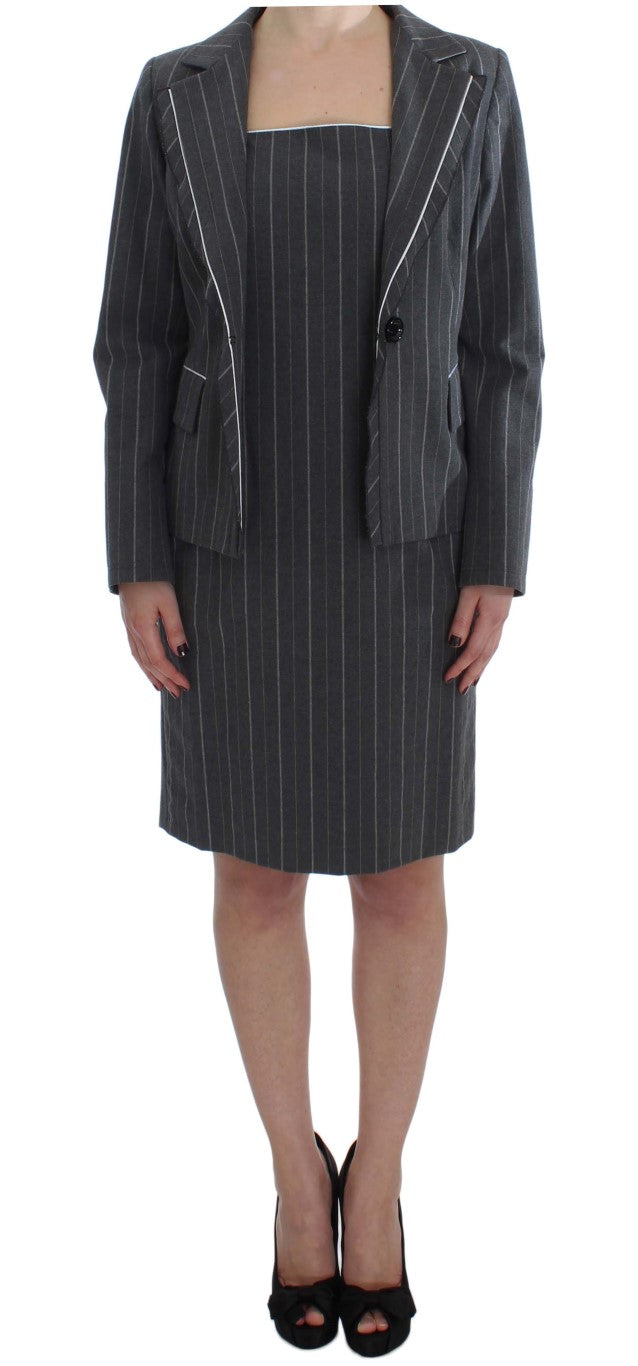 BENCIVENGA Elegant Gray Striped Dress &amp; Blazer Suit Set