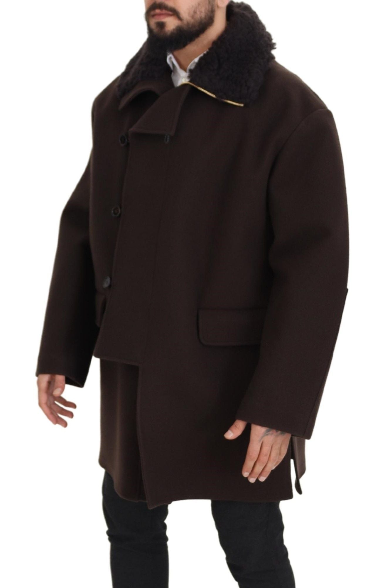 Dolce &amp; Gabbana Elegant Dark Brown Shearling Coat Jacket