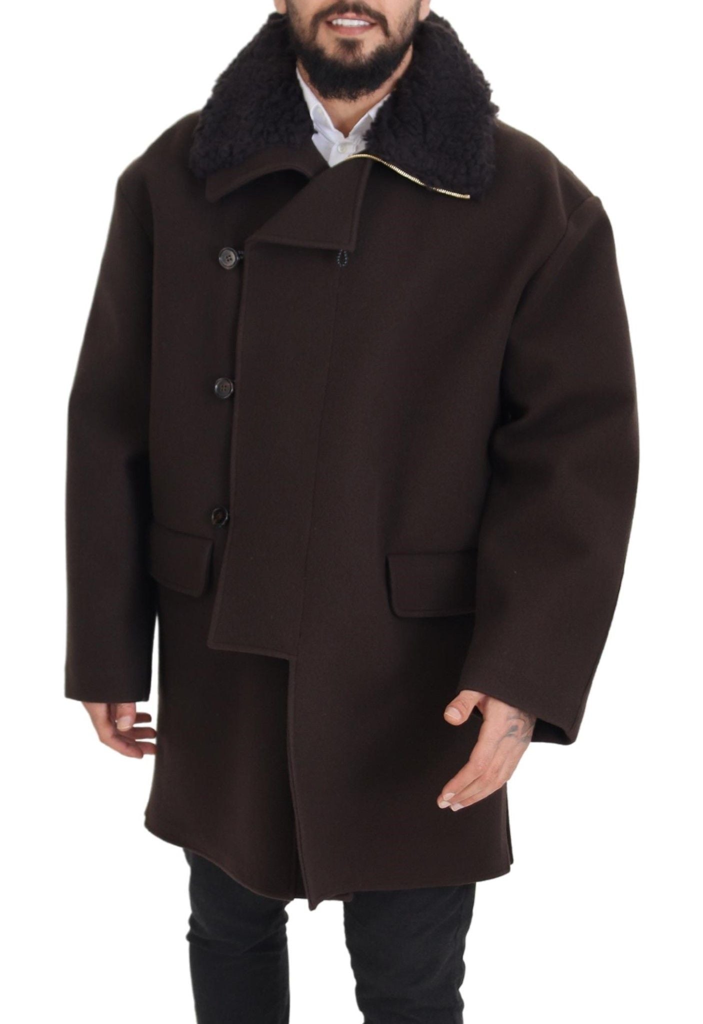 Dolce &amp; Gabbana Elegant Dark Brown Shearling Coat Jacket